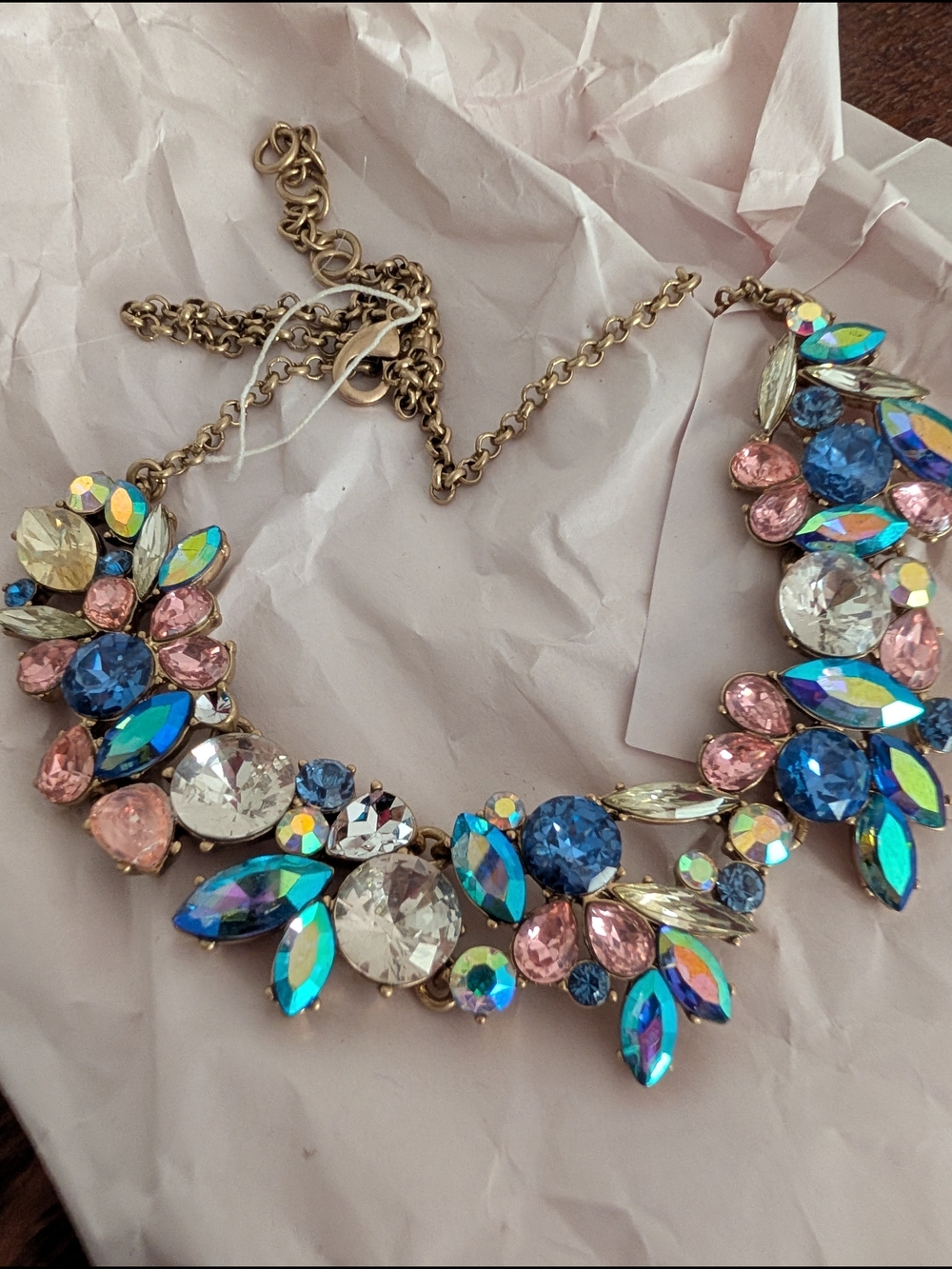 Brand New J. Crew Blue and Pink Crystal Floral Bib Necklace